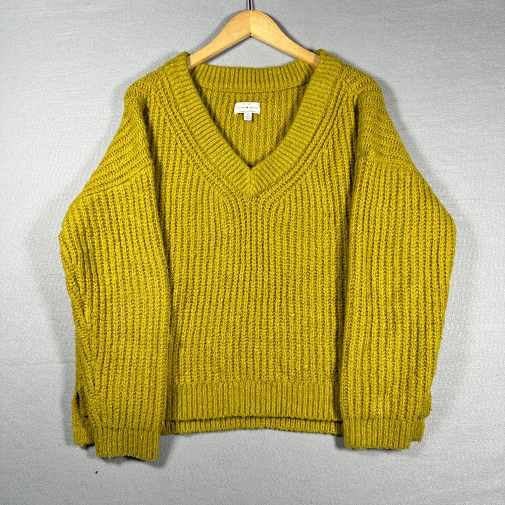 Lucky Brand Mustard Yellow Chunky Ribbed V-Neck Knit Sweater Womens Large